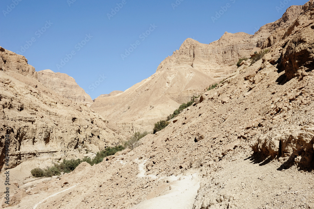Mountains in the Ein Gedi Nature Reserve on the shores of the Dead Sea in Israel.