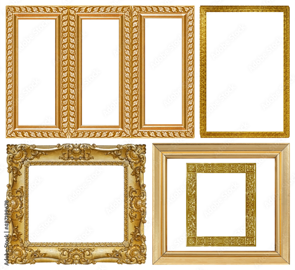 Set of golden frames for paintings, mirrors or photo isolated on white background Set of golden frames for paintings, mirrors or photo isolated on white background