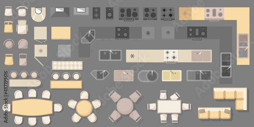 Furniture elements and equipment top view for kitchen and dining room, house, apartment, office. Vector set of Interior icon. Table, chair, sink. Symbol for interior design, plan, project