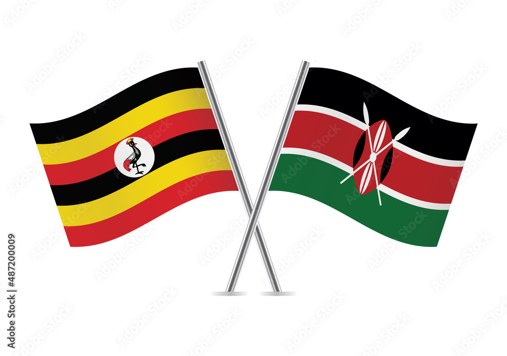 Uganda and Kenya crossed flags. Ugandan and Kenyan flags isolated on white background. Vector icon set. Vector illustration. Uganda and Kenya crossed flags. Ugandan and Kenyan flags isolated on white background. Vector icon set. Vector illustration.