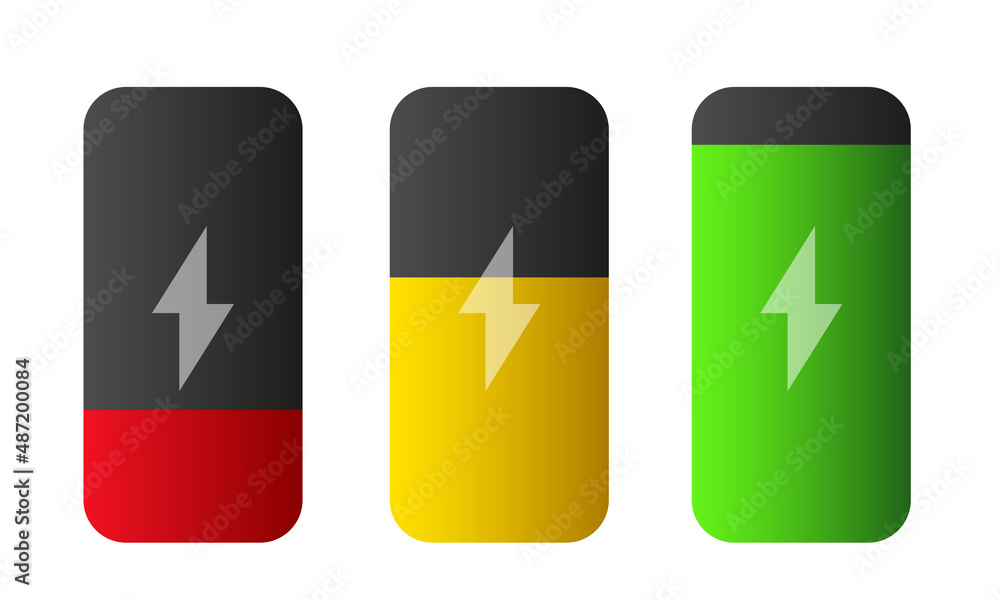 Batteries set. Charged and discharged batteries. Vector 3d clipart isolated on white background. Batteries set. Charged and discharged batteries. Vector 3d clipart isolated on white background.