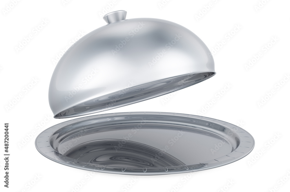 Opened Stainless Steel Restaurant Cloche, Tableware Cover. 3D rendering Opened Stainless Steel Restaurant Cloche, Tableware Cover. 3D rendering