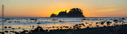 Panoramic view of sunset along the Pacific Northwest coast, at Cape Alava in Olympic National Park. photo