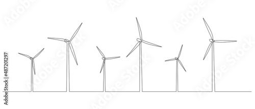 One continuous line drawing of Wind farm turbines and windmill. Green energy and renewable source of power concept in simple outline linear style. Editable stroke. Doodle vector illustration