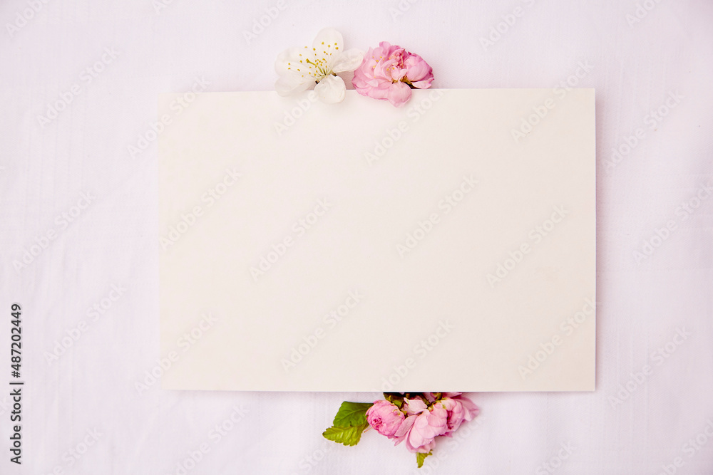 Romantic feminine stationery card mockup with spring white and pink flowers. Wedding, birthday, invitation, mother's day mock up card concept. Copy space. Top view. Romantic feminine stationery card mockup with spring white and pink flowers. Wedding, birthday, invitation, mother's day mock up card concept. Copy space. Top view.