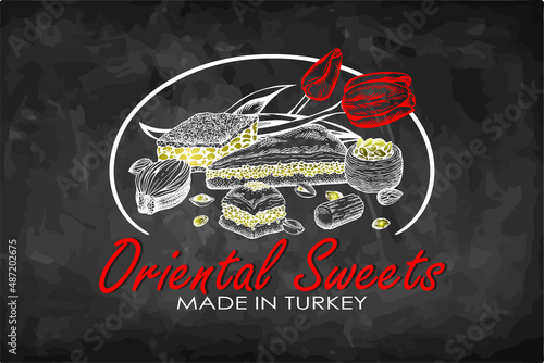 Chalk drawing poster with Oriental sweets and red tulips on blackboard. Turkish baklava template, baked arabic dessert with pistachio, hazelnut, chocolate. Istanbul food banner. Vector illustration.