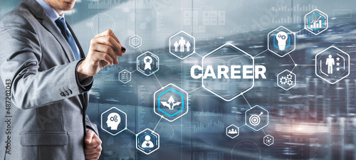 Career Inscription and people icons on virtual screen. Businessman pressing Career