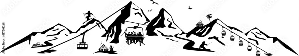 Mountain Tourism Season Silhouette Vector - obrazy, fototapety, plakaty 