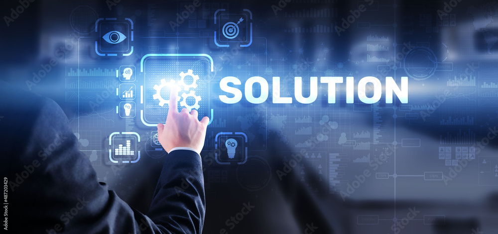 Solution. Businessman pressing on touch screen interface inscription Solutions. Business concept. Internet concept Solution. Businessman pressing on touch screen interface inscription Solutions. Business concept. Internet concept