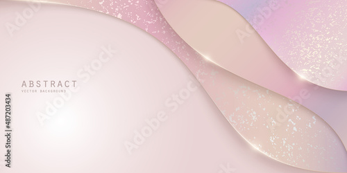 Abstract shiny luxury paper cut background with realistic curved shapes, gold lines, spots and copy space. Elegant layered 3D modern backdrop with light soft pastel gradients and holographic effect