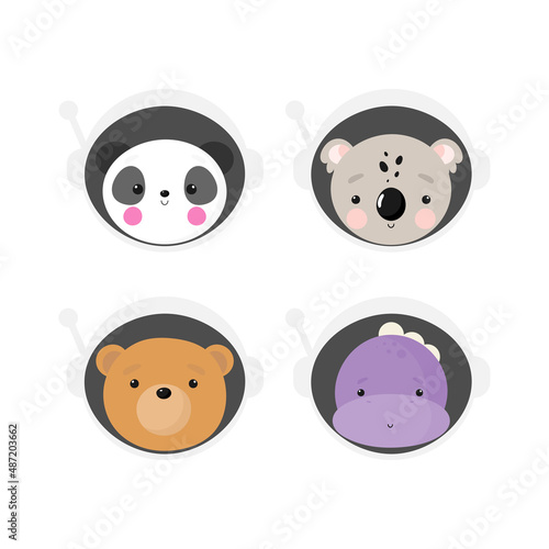 Vector set with Cosmonaut Animals in cartoon style. Bear  Panda  Koala  Dinosaur in space suits. Good for party invitations  birthday cards  stickers  prints etc.