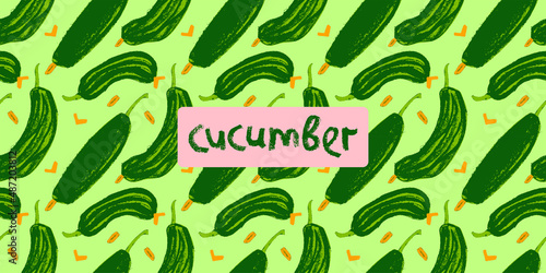 Vector cucumber pattern seamless. Hand drawn cuke drawings, corm illustrations. Vegetarian restaurant banner. Botanical ornament. Green vegetable backdrop for organic gherkin label. Cucumber wallpaper