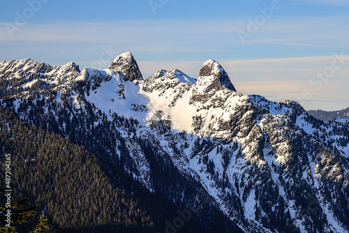 The Lions peaks during winter, North Shore Mountains, Vancouver, British Columbia, Canada.