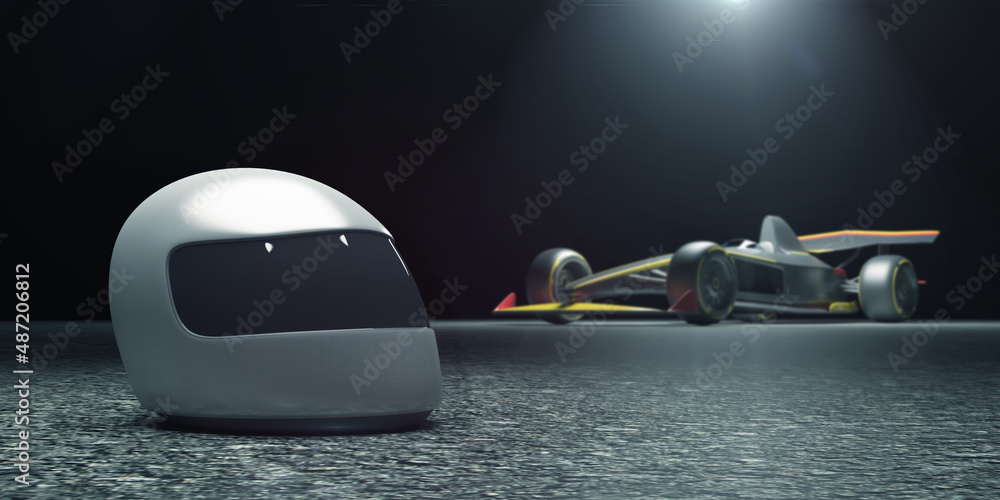 Racing Helmet with Racing Sport Car on asphalt in dark background with lights