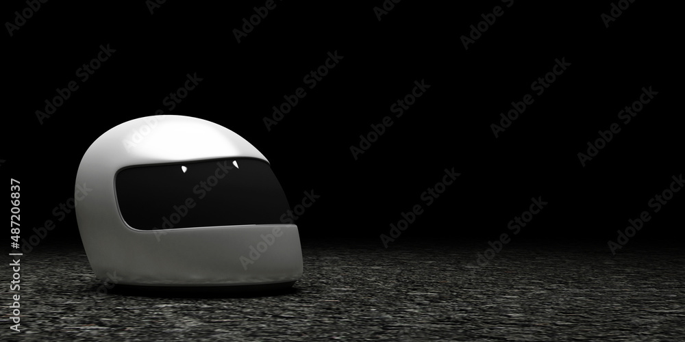 White Racing helmet on asphalt on a dark background White Racing helmet on asphalt on a dark background