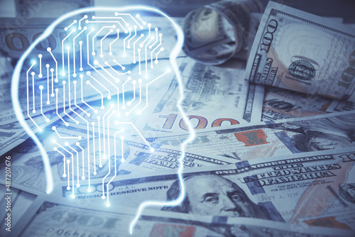 Double exposure of brain drawing over us dollars bill background. Technology concept.