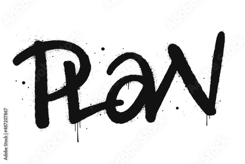 Vector illustration. Urban street grafitti style. Slogan of Plan, splash effect and drops. Black letters, white background. Print for graphic tee, sweatshirt, business, startup. Motivational quote.
