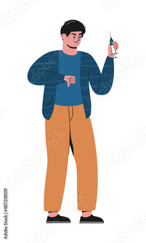Cartoon man with syringe showing thumbs down. Sick patient holding injector with medicine drug and refuses treatment. Denied from vaccination. Anti-vaccination. Flat vector character illustration.