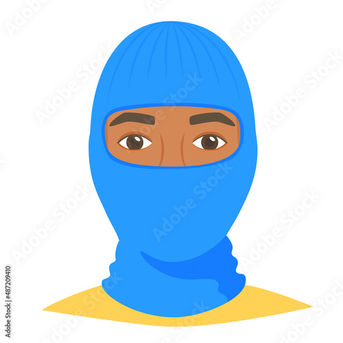 Black man wearing balaclava helmet. Trendy worm headgear for cold weather. Facial mask for the whole head to wear under helmet in flat style. Vector