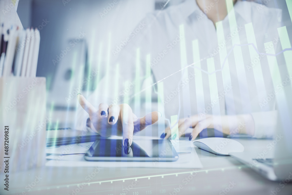 Double exposure of forex chart sketch hologram and woman holding and using a mobile device. Financial market concept. Double exposure of forex chart sketch hologram and woman holding and using a mobile device. Financial market concept.