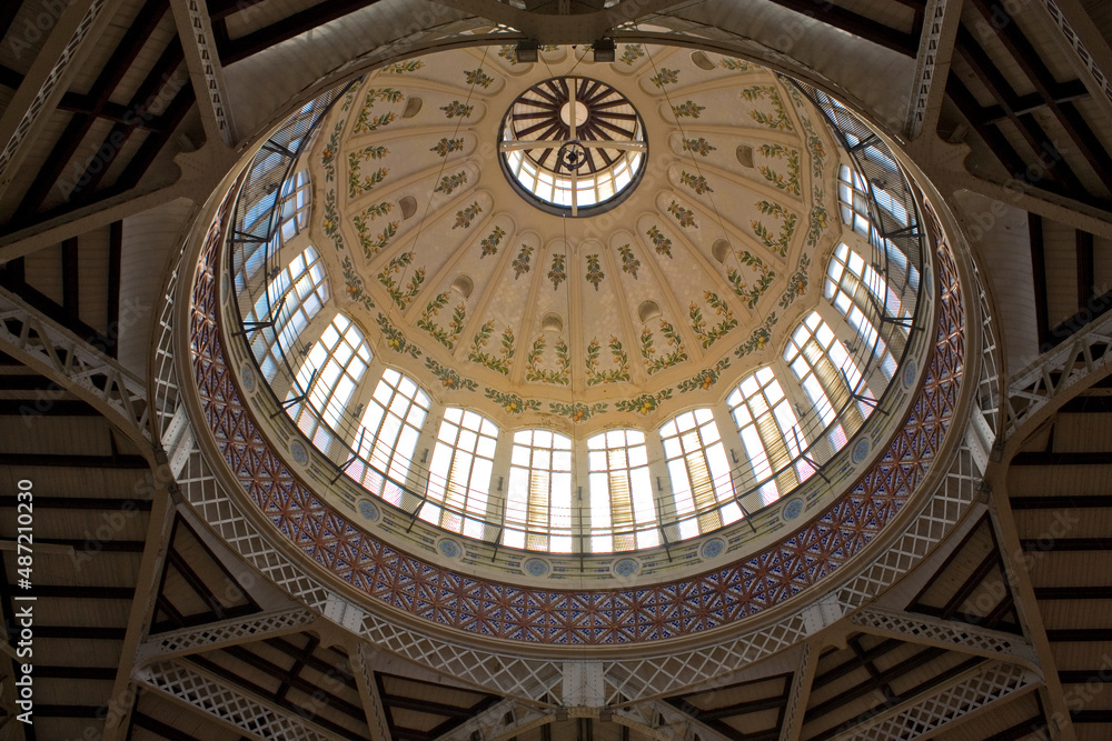 Interior with a dome of  Mercado - Central market in Valencia, Spain