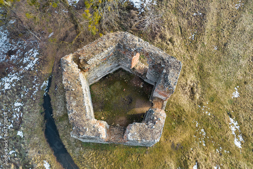 Aerial view of pentagonal bastion of Svirzh Castle, Ukraine. photo