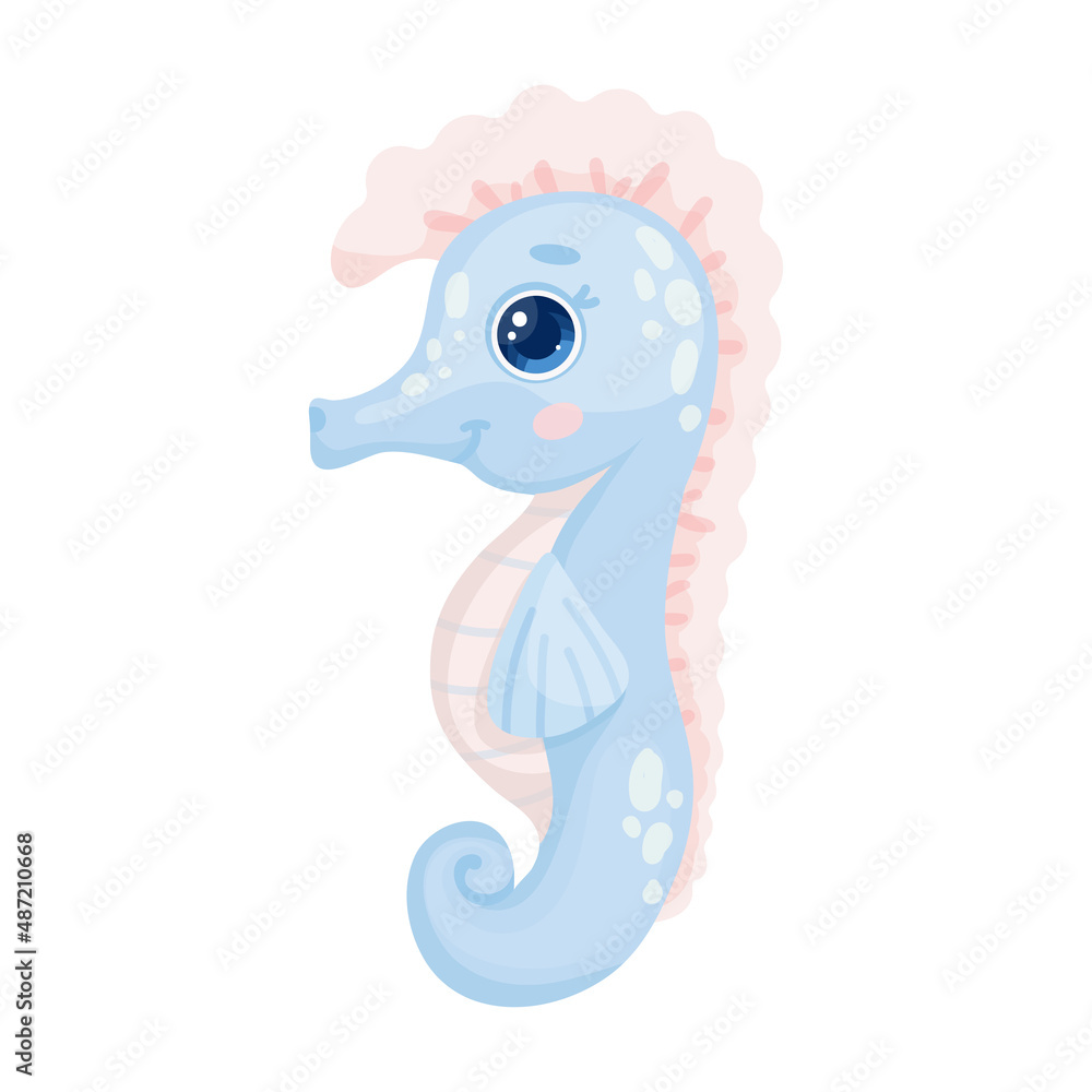 Obraz premium Cute little seahorse character. Cartoon vector graphics.