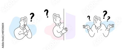 Collection of portraits of a thoughtful man. A set of intelligent character who thinks, asks or solve the problem. Vector illustration for a website or app. 