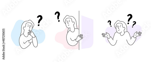 Set of vector illustrations for web and app design. A woman asks a question, does not know the answer, needs help. Doodle cartoon character. 