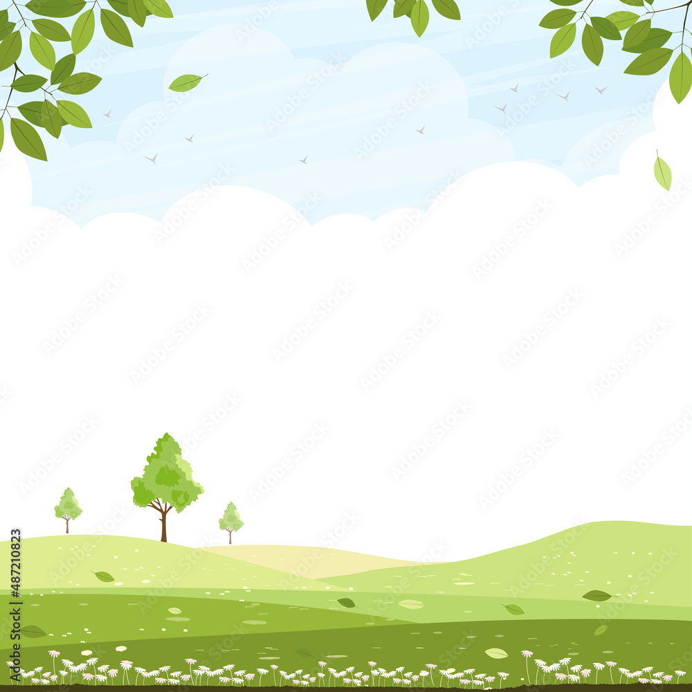 Spring nature landscape with flying birds,cloud, blue sky over green field with trees and leave on boarder. Vector Scenery background, Summer rural or Spring meadow with wild flower,Easter banner