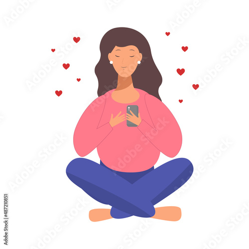 Young smiling happy woman chatting with boyfriend. Love concept. Vector cartoon illustration of phone conversation