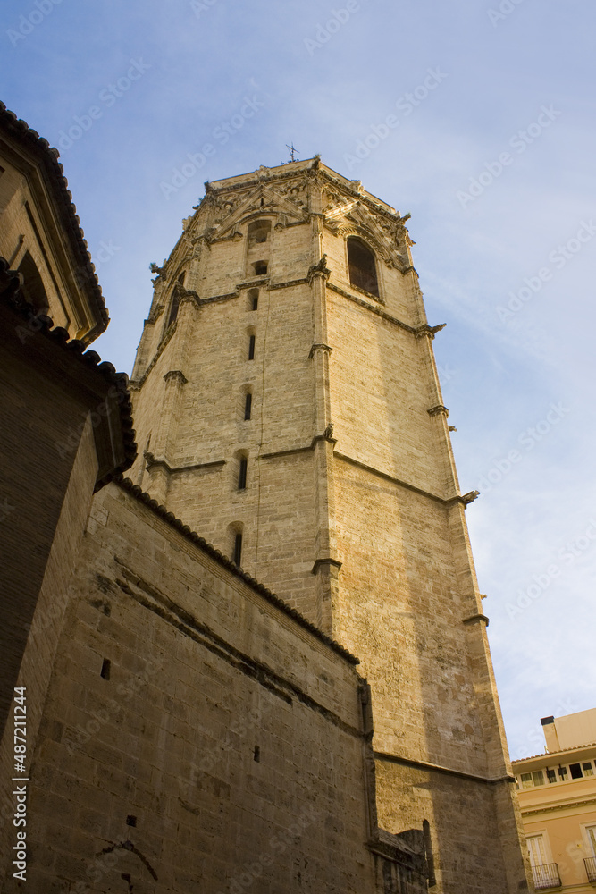 Metropolitan Cathedral and Micalet Tower at Plaza de la Reina in  Valencia, Spain 
