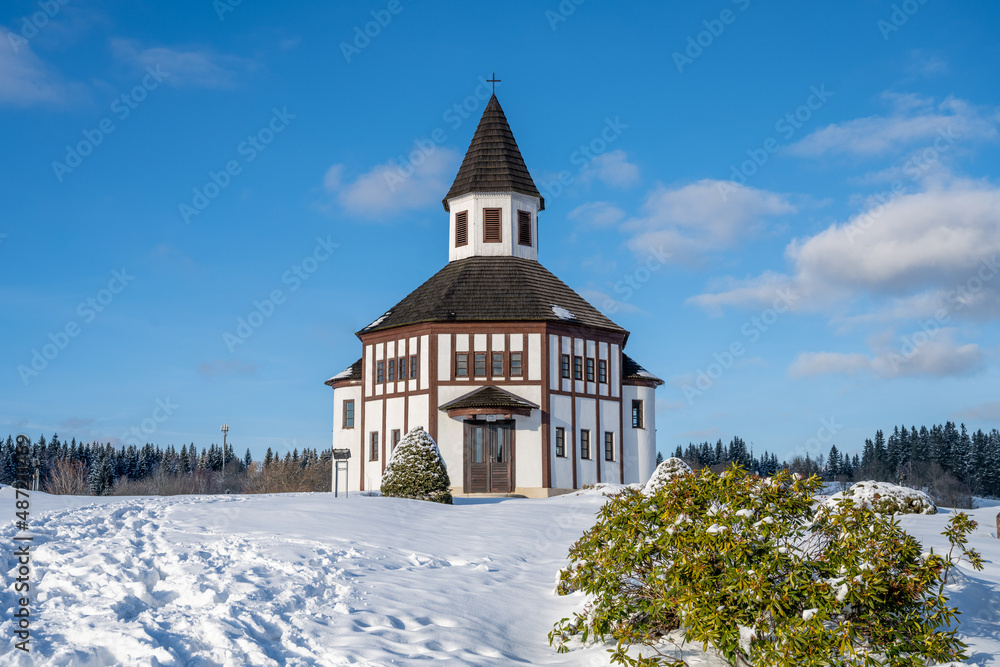 Wooden evangelic chapel in Tesarov in wintertime