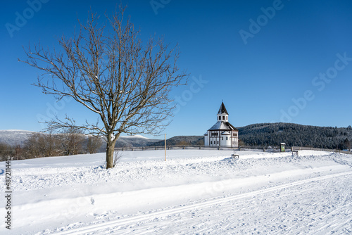 Wooden evangelic chapel in Tesarov in wintertime