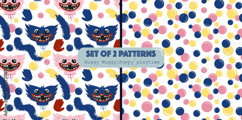 A set of seamless patterns about the game poppy playtime. Huggy Wuggy and Kissy Missy toy characters. 2 hand drawn patterns with popular characters and balls. Funny children's patterns with monsters. 