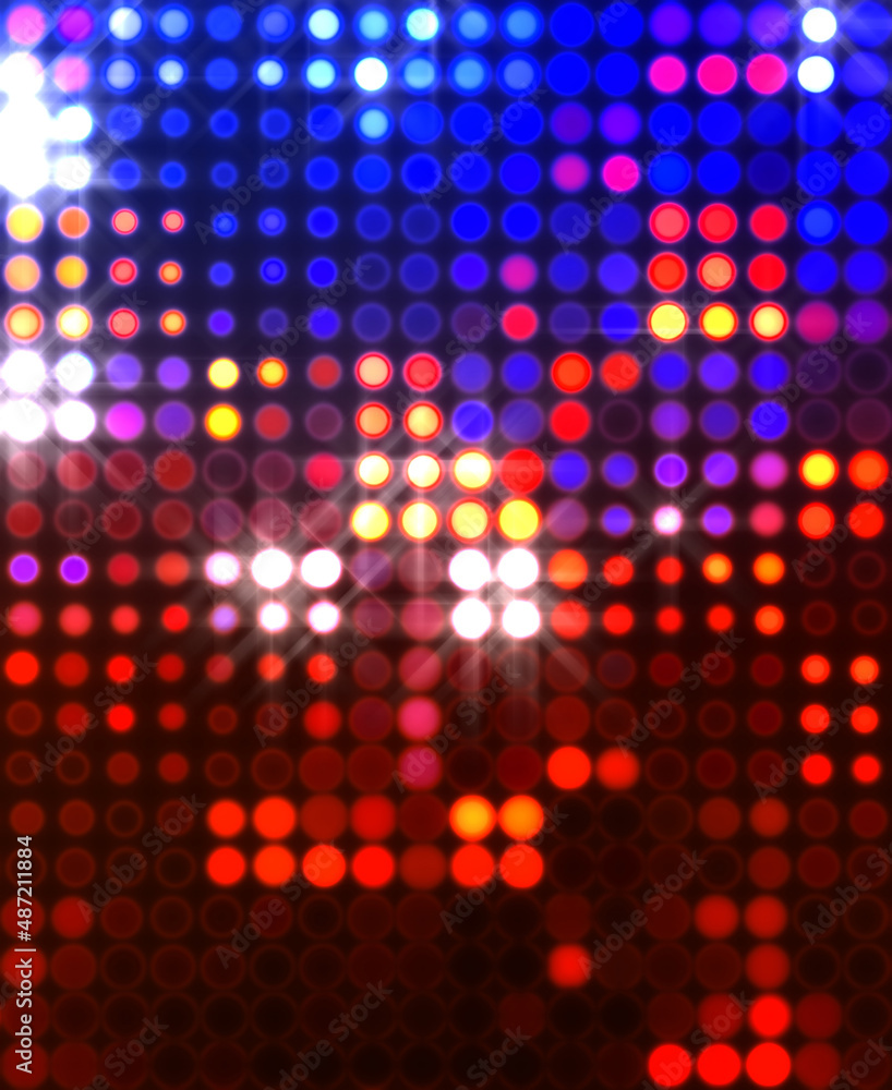 Glowing pattern wallpaper. Glamour background of colorful lights with spotlights. Shining lights party leds on black background. Digital illustration of stage or stadium spotlights.
