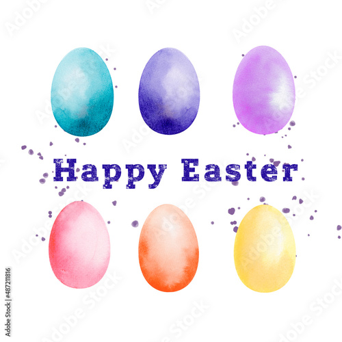 easter and spring greeting card with colorful eggs and paint splatter, easter card with happy easter inscription.