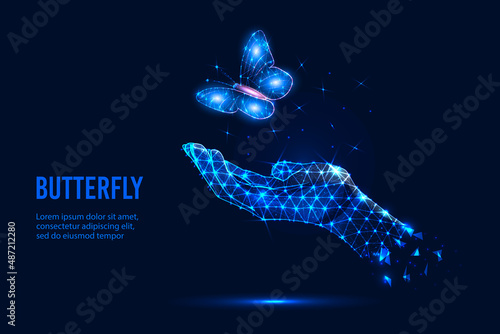 Futuristic vector illustration with a glowing low-poly hand and a flying butterfly isolated on a dark blue background. The concept of people's connection with nature. Wire frame mesh design.