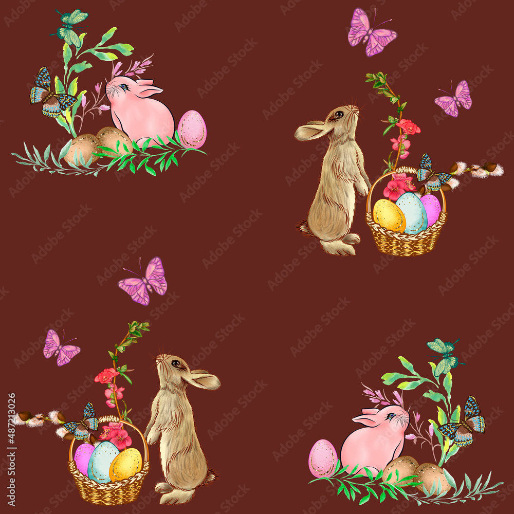 Fototapeta premium Rabbits and butterflies, seamless background, Easter holiday.