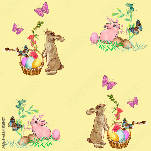 Seamless pattern on yellow background for festive packaging, Easter holiday.