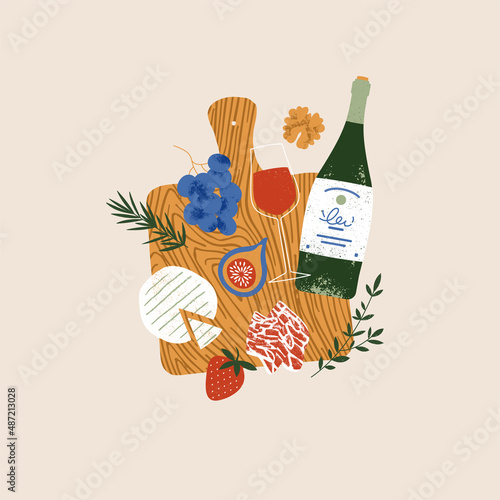 Antipasti wine snacks board. Bottle of wine and glass. Various food collection. 