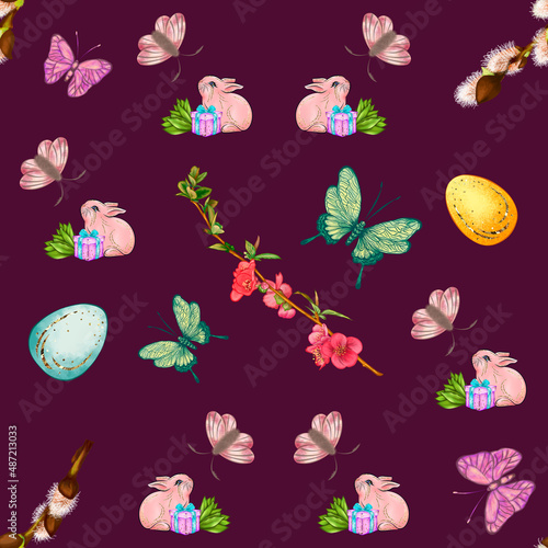Seamless pattern on brown background for festive packaging, Easter theme.