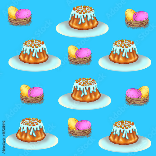 Easter cake, eggs on a blue background. Seamless pattern on the theme of Easter.