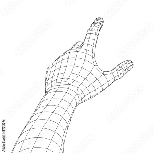 Polygonal Mesh or Wireframe Hand With Touch Gesture in Front of Viewer. VR or Virtual Reality Concept With First Persont Point of View