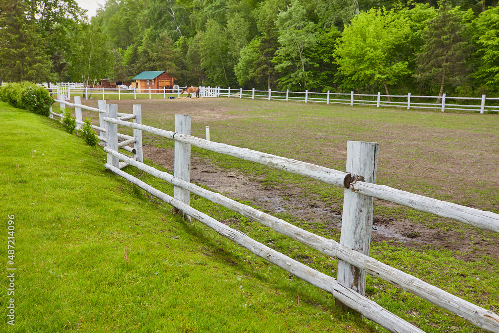concrete fence in horse farm field