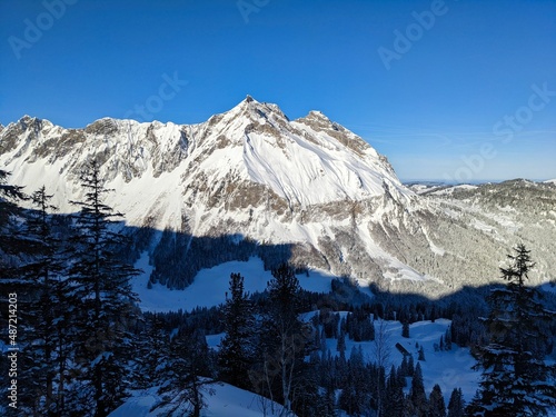 Beautiful Skitour in the swiss mountains. Ski mountaineering. View of the mountain fluebrig and turner. Winter landscape photo