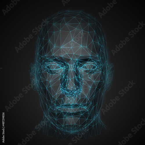 Front View of Futuristic Mesh Polygonal Human Head Over Black Background