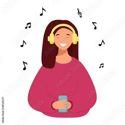 Beautiful young girl in headphones listening to favorite music and smiling. Melomaniac, music lover, fan. Woman enjoying songs in headset and smartphone, Flat vector illustration