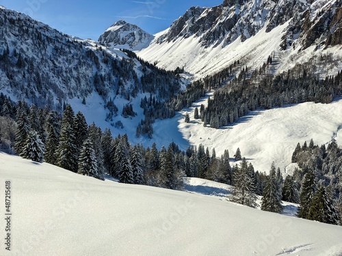Beautiful Skitour in the swiss mountains. Ski mountaineering in innerthal on the mutteristock. Mountain winter landscape photo