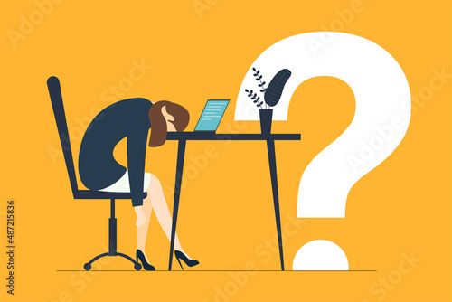 Exhausted sick tired woman in office sad boring sitting no idea head down on laptop with large question mark. Frustrated worker mental health problem. Professional burnout syndrome. Long work day. Eps